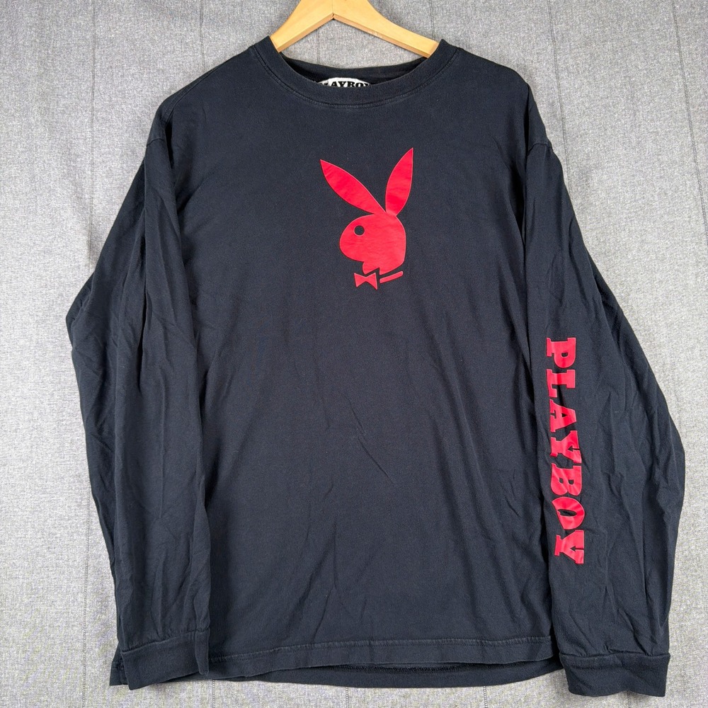 Playboy by PacSun Mens‎ Large Long Sleeve Graphic T-Shirt Black Red Bunny Logo